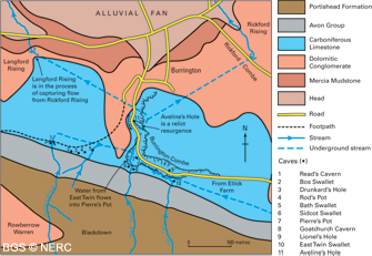 Geological map of the Burrington area with postulated drainage routes (click to enlarge view)