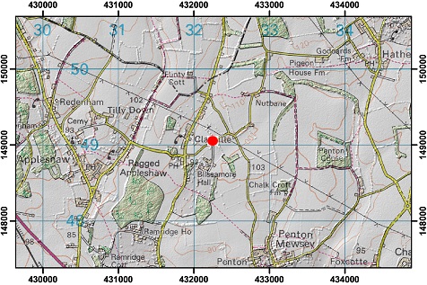 Topographic map with hillshade of the area around Clanville Lodge Gate