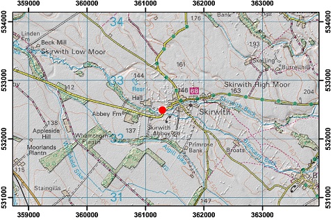 Topographic map with hillshade of the area around Skirwith