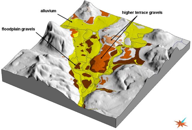 Three dimensional image showing the distribution of superficial deposits in the Oxford area